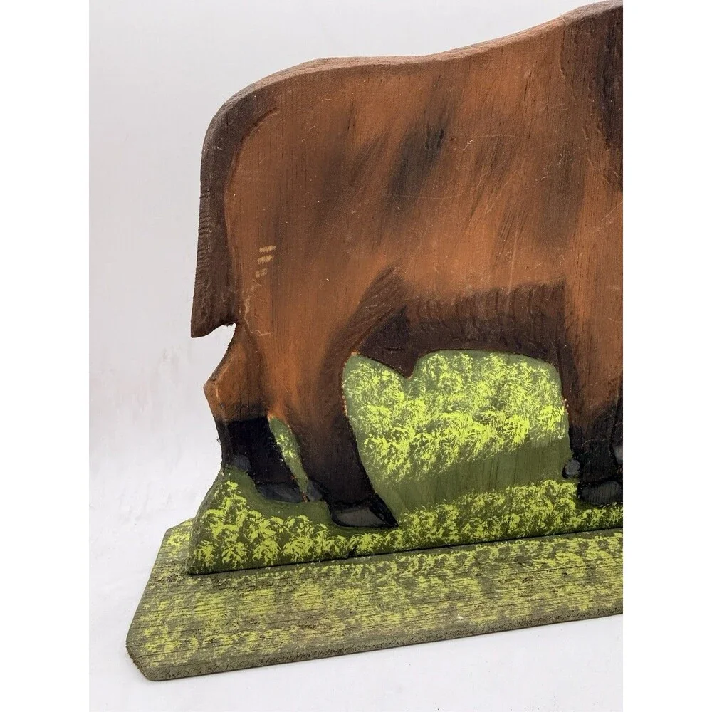 VTG 1988 Menno Shirk Folk Art Wood Carved Wild Buffalo 9” Signed Base Carving